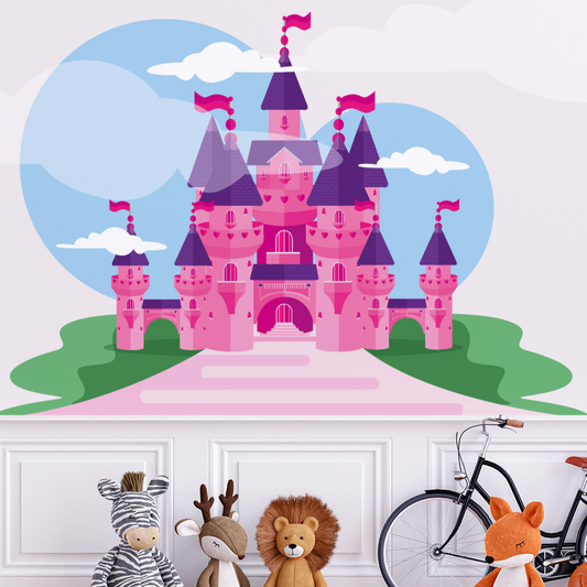 Wallpaper Kids Nursery Dubai Peps Wall A wall decal of a pink castle with purple roofs, part of a children's room decor.