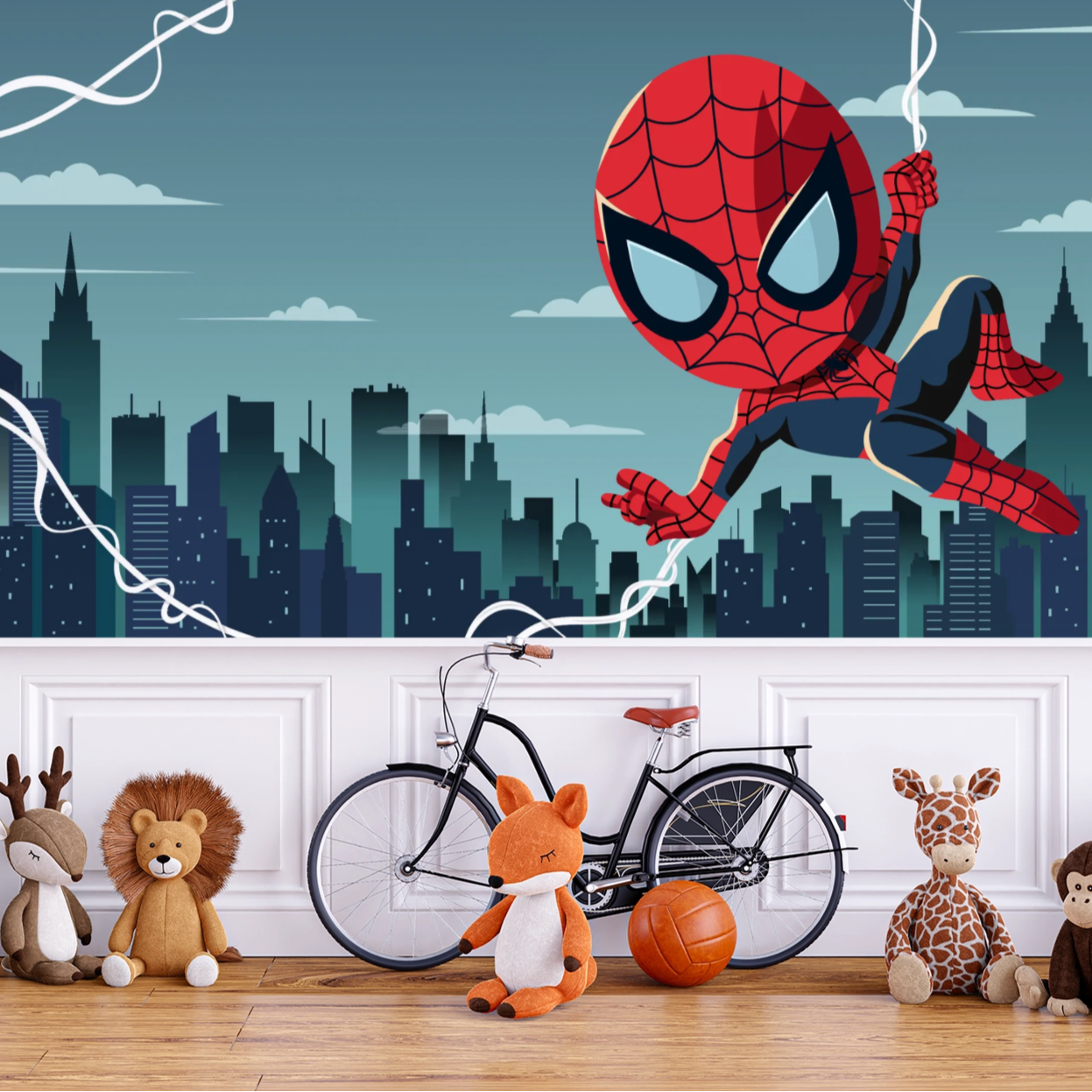 Wallpaper Kids Nursery Dubai Peps Wall A wall mural featuring a cartoon version of Spider-Man above a city skyline, with various toys and a bicycle on the floor in front of the wall.