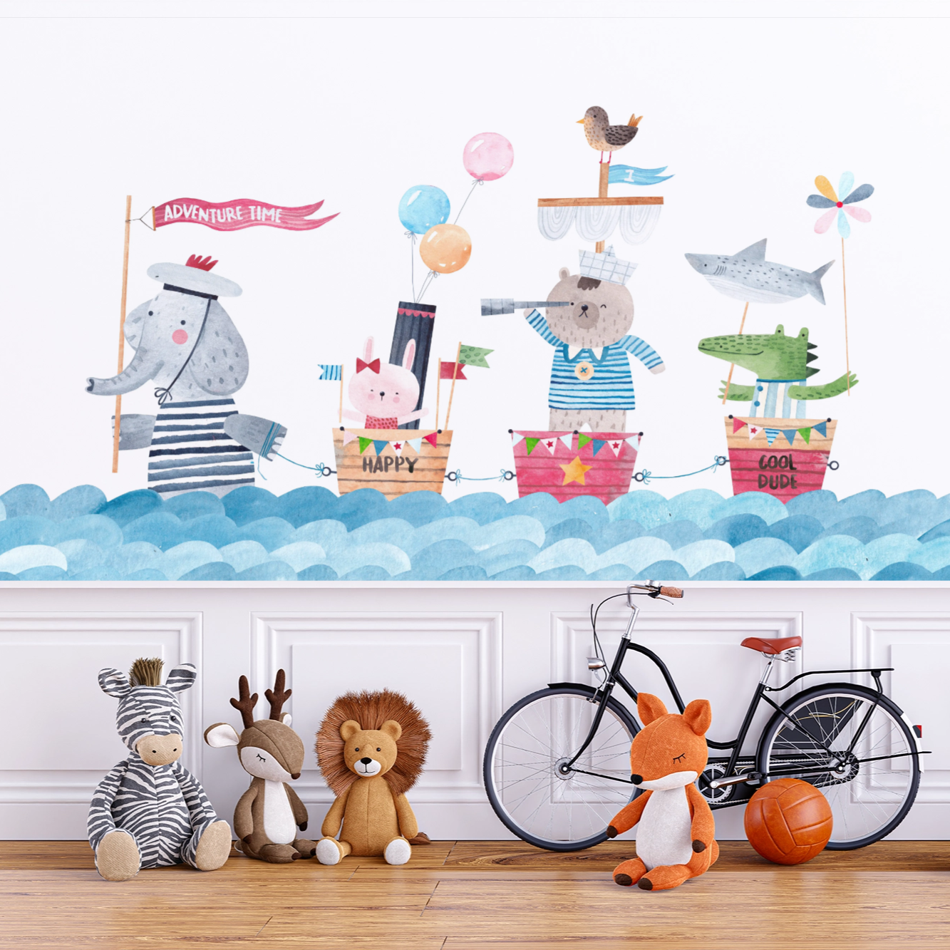 Wallpaper Kids Nursery Dubai Peps Wall A wall decal featuring whimsical animal characters in a sea and boats theme displayed on a wall above a shelf with toys and a bicycle.