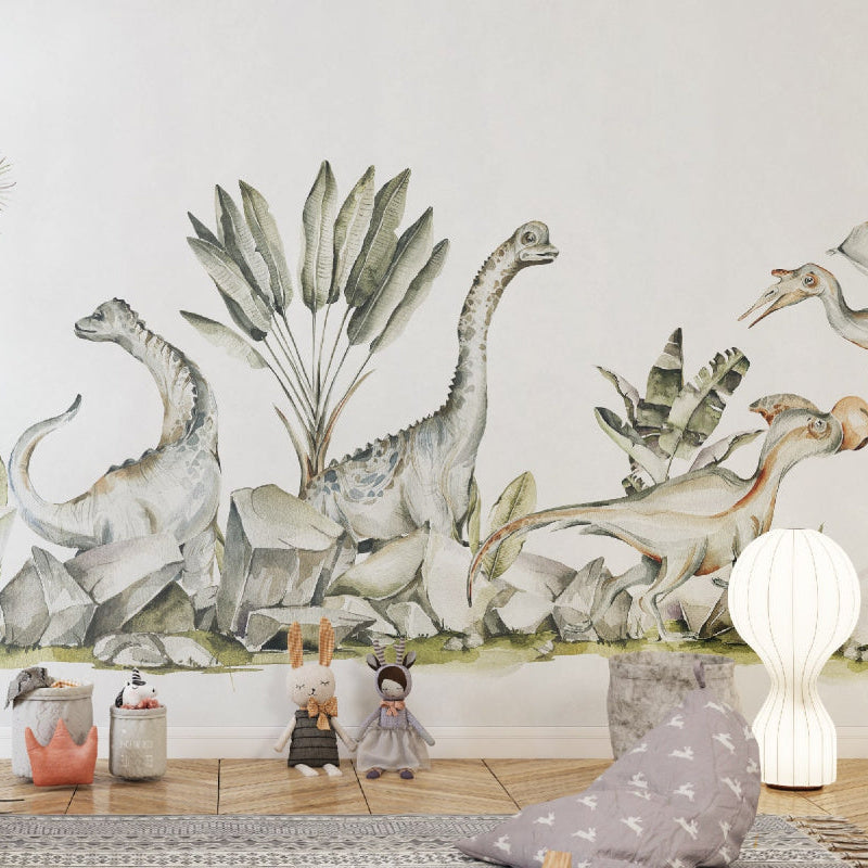 Wallpaper Kids Nursery Dubai Peps Wall A wall mural featuring various dinosaurs in a landscape with greenery.