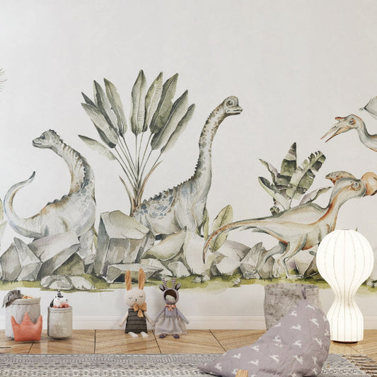 Wallpaper Kids Nursery Dubai Peps Wall A wall mural featuring various dinosaurs in a landscape with greenery.