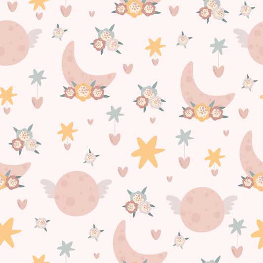 Wallpaper Kids Nursery Dubai Peps Wall A patterned wallpaper with a variety of moons, stars, and floral designs in soft colors on a pale background.