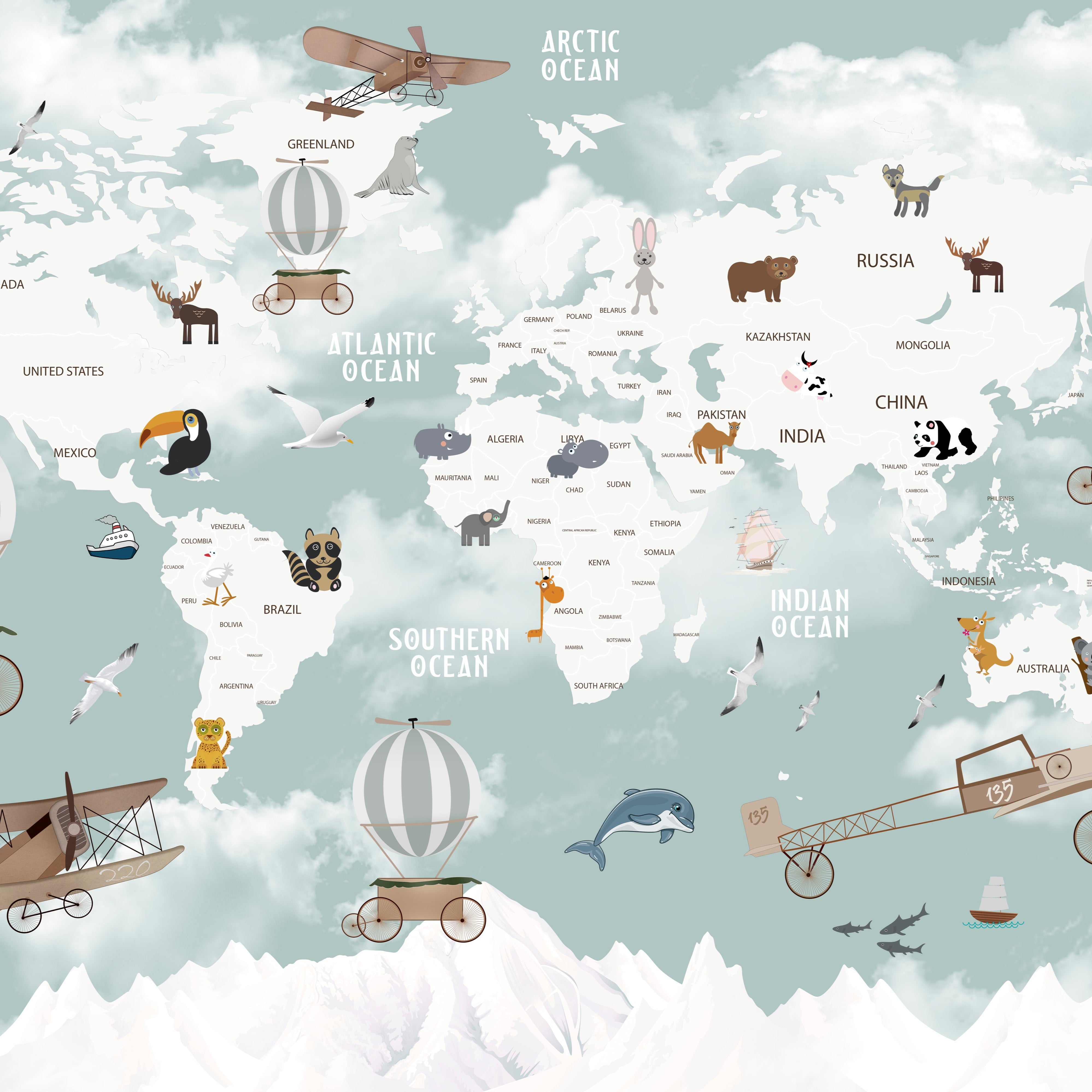 Wallpaper Kids Nursery Dubai Peps Wall A playful map wallpaper featuring illustrations of animals and airplanes on a world map background.