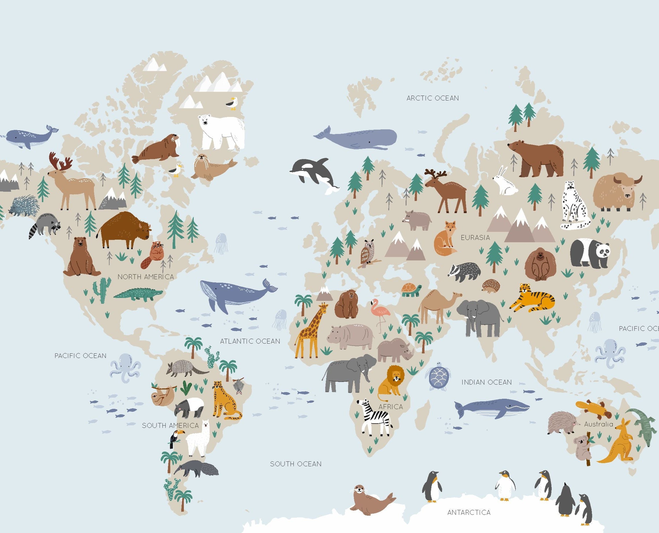 Wallpaper Kids Nursery Dubai Peps Wall A colorful world map wallpaper featuring whimsical watercolor animals, designed for kids.