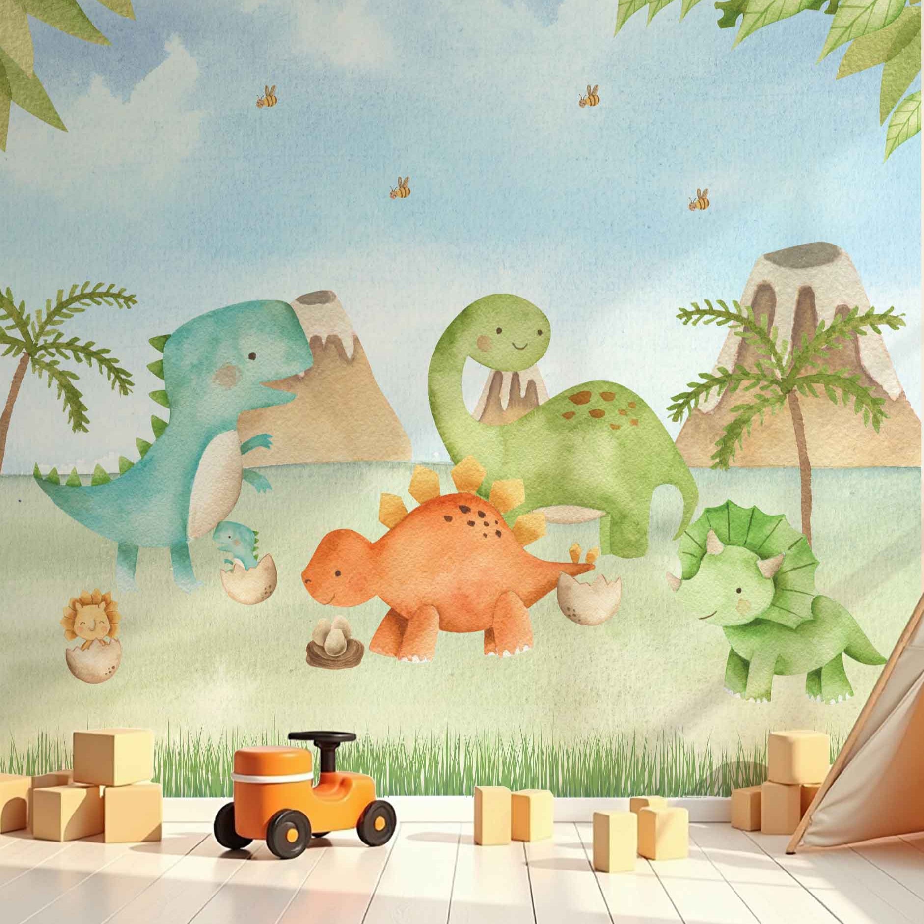 Wallpaper Kids Nursery Dubai Peps Wall A colorful wall mural featuring various cartoon-style dinosaurs in an outdoor setting with mountains, trees, and a blue sky.