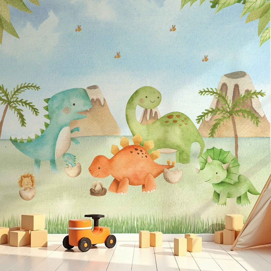 Wallpaper Kids Nursery Dubai Peps Wall A colorful wall mural featuring various cartoon-style dinosaurs in an outdoor setting with mountains, trees, and a blue sky.