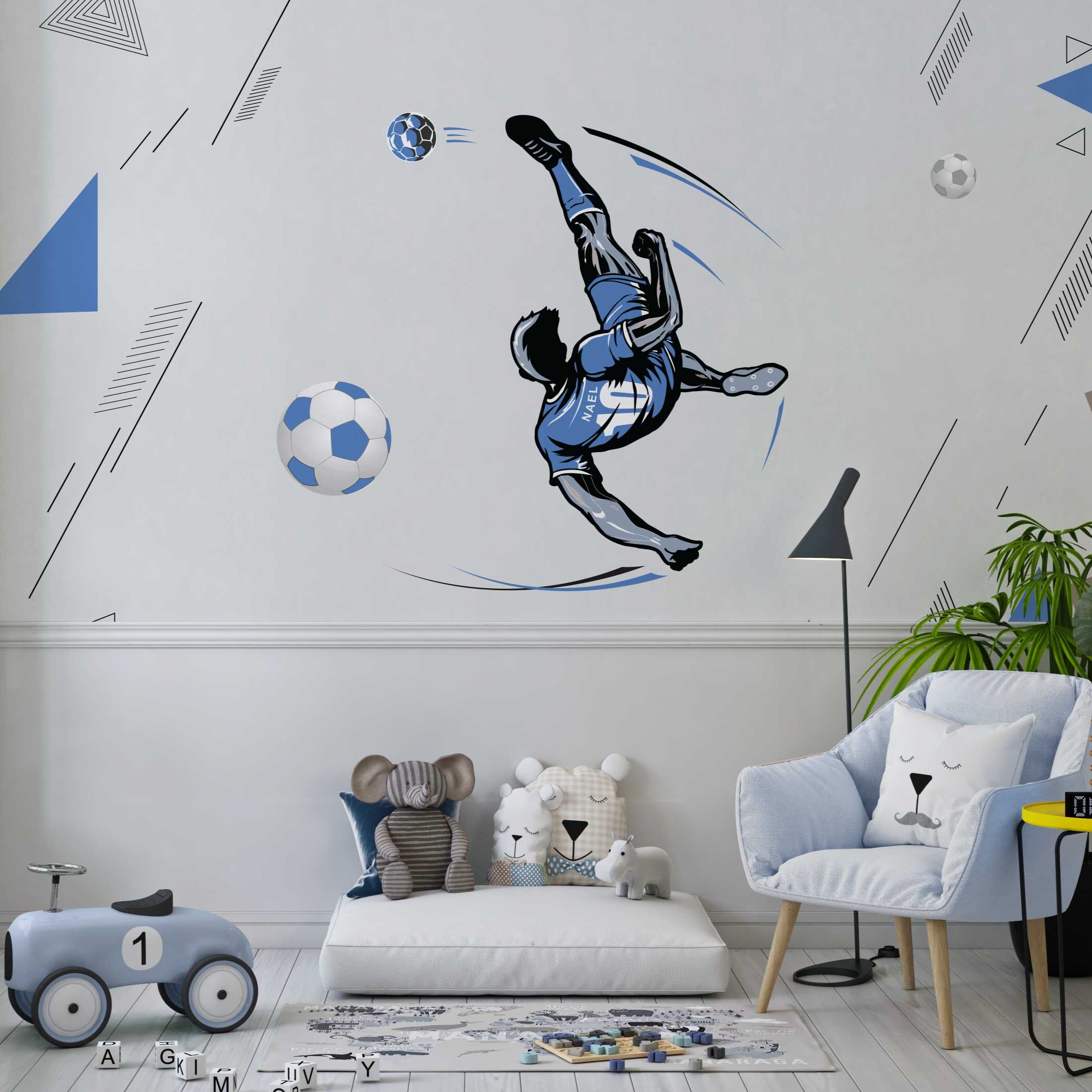 Wallpaper Kids Nursery Dubai Peps Wall Customizable wallpaper featuring a cartoon image of a soccer player in blue and white, with geometric patterns and a soccer ball.