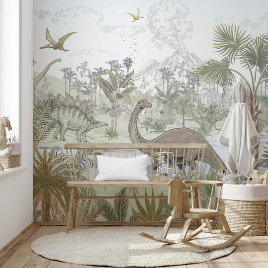 Wallpaper Kids Nursery Dubai Peps Wall A wallpaper featuring a prehistoric landscape with dinosaurs and mountains, designed for children's rooms.