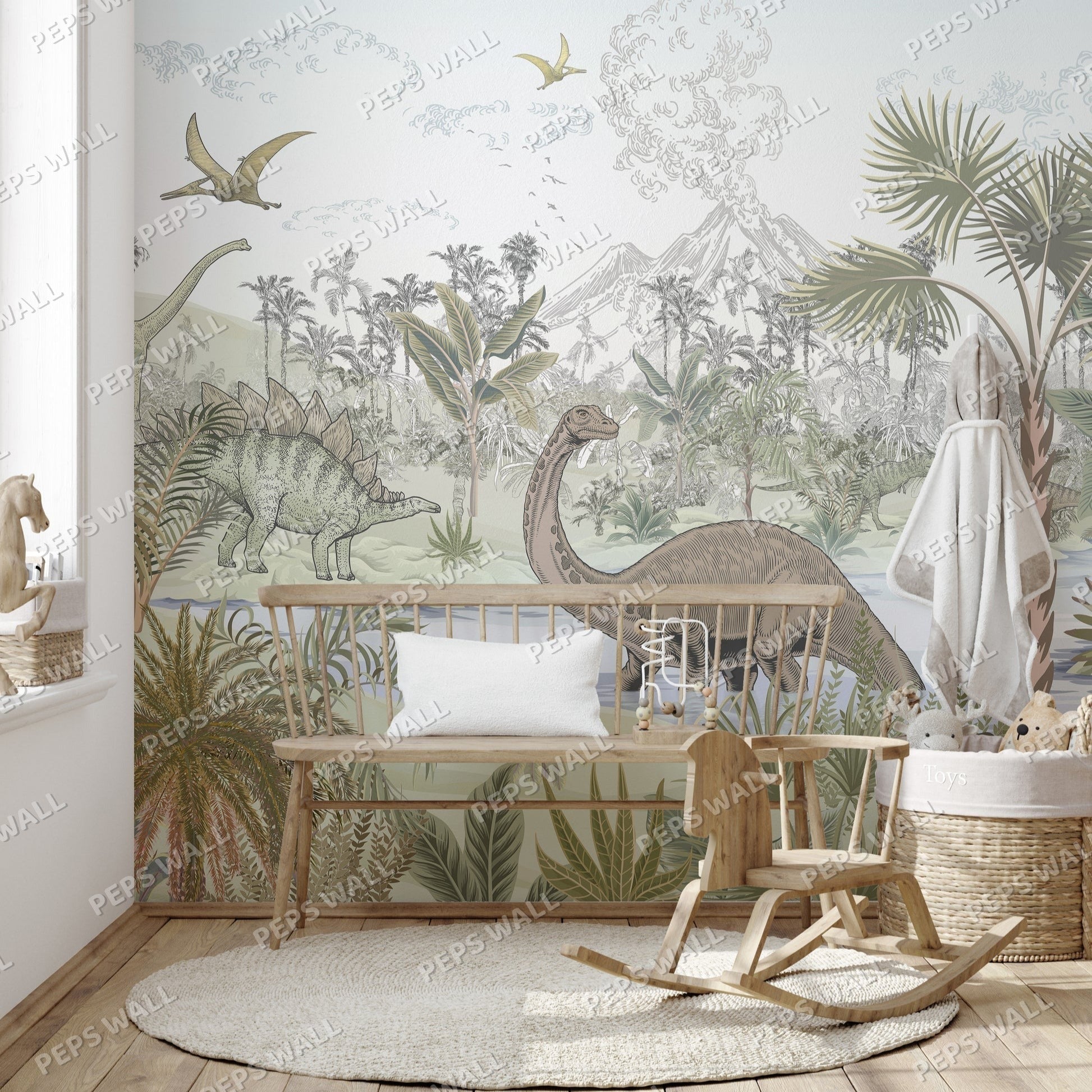 Wallpaper Kids Nursery Dubai Peps Wall A wallpaper featuring a prehistoric landscape with dinosaurs and mountains, designed for children's rooms.