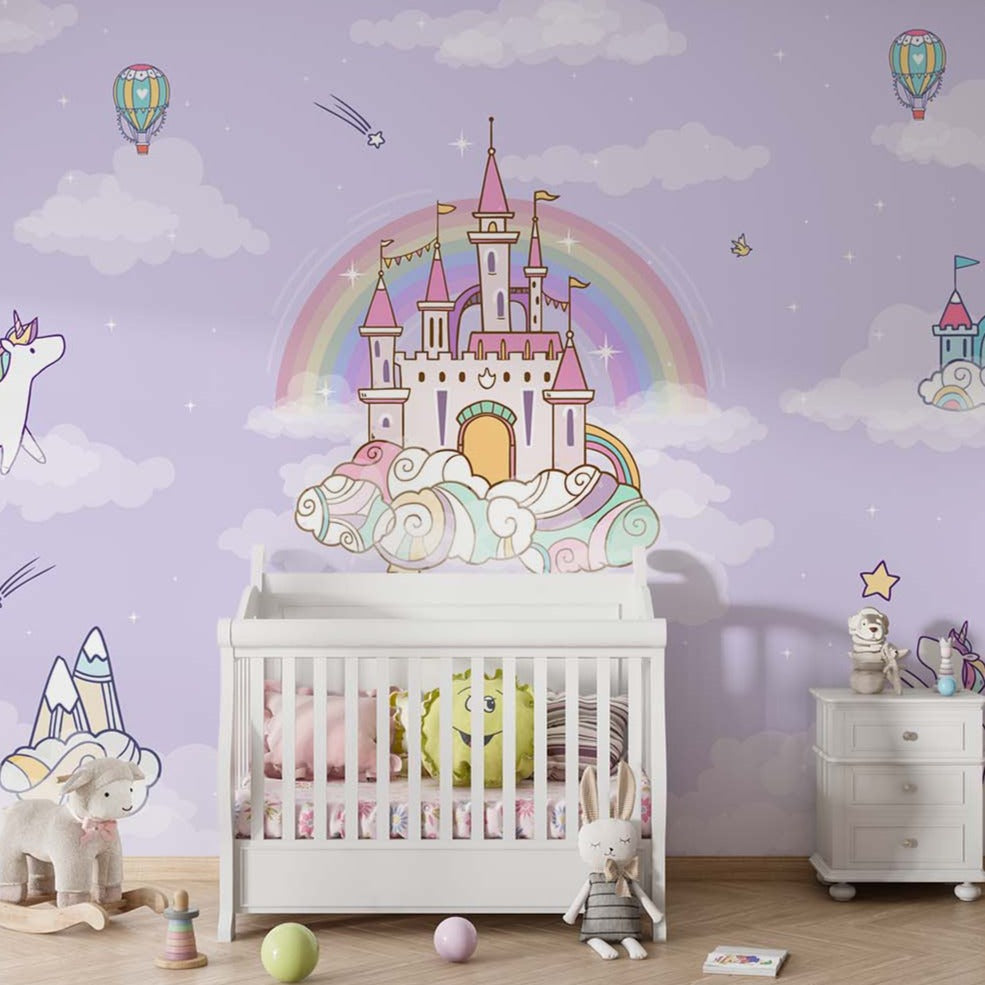 Wallpaper Kids Nursery Dubai Peps Wall A wall decal featuring a castle in the sky with rainbows and clouds, applied on a wall above a white crib with a stuffed unicorn and a wooden rocking chair in a room.