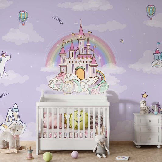 Wallpaper Kids Nursery Dubai Peps Wall A wall decal featuring a castle in the sky with rainbows and clouds, applied on a wall above a white crib with a stuffed unicorn and a wooden rocking chair in a room.