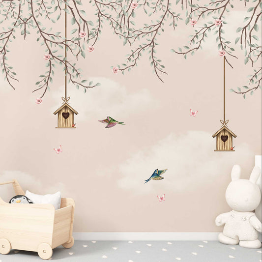 Wallpaper Kids Nursery Dubai Peps Wall A wall decal featuring birds, birdhouses, and floral patterns in a room with a wooden rocking chair and a stuffed toy.