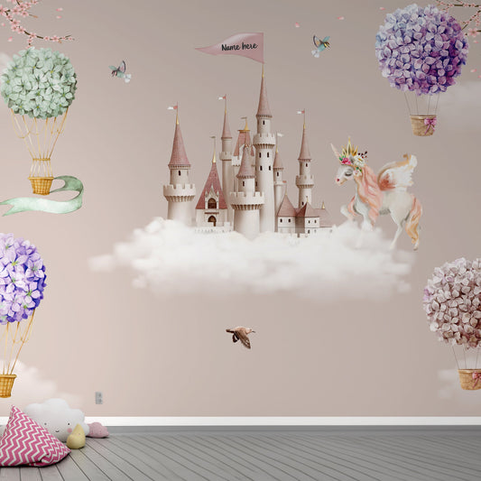 Wallpaper Kids Nursery Dubai Peps Wall A wall decal featuring a castle in the clouds with a unicorn, hot air balloons, and floral decorations.