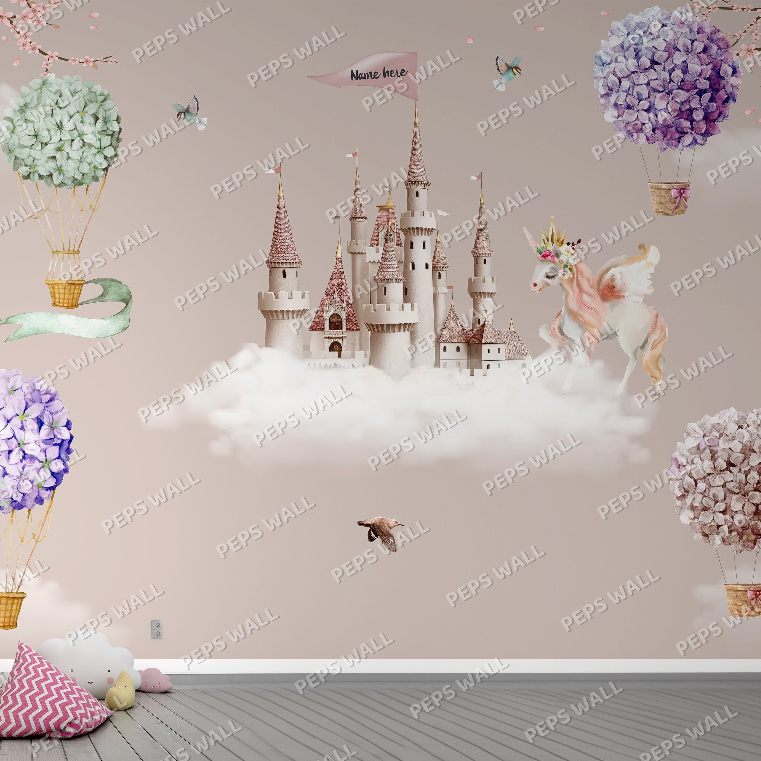 Wallpaper Kids Nursery Dubai Peps Wall A wall decal featuring a castle in the clouds with a unicorn, hot air balloons, and floral decorations.