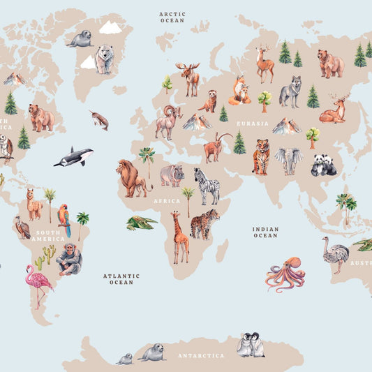 Wallpaper Kids Nursery Dubai Peps Wall A section of wallpaper featuring a world map with realistic animal illustrations corresponding to different countries.