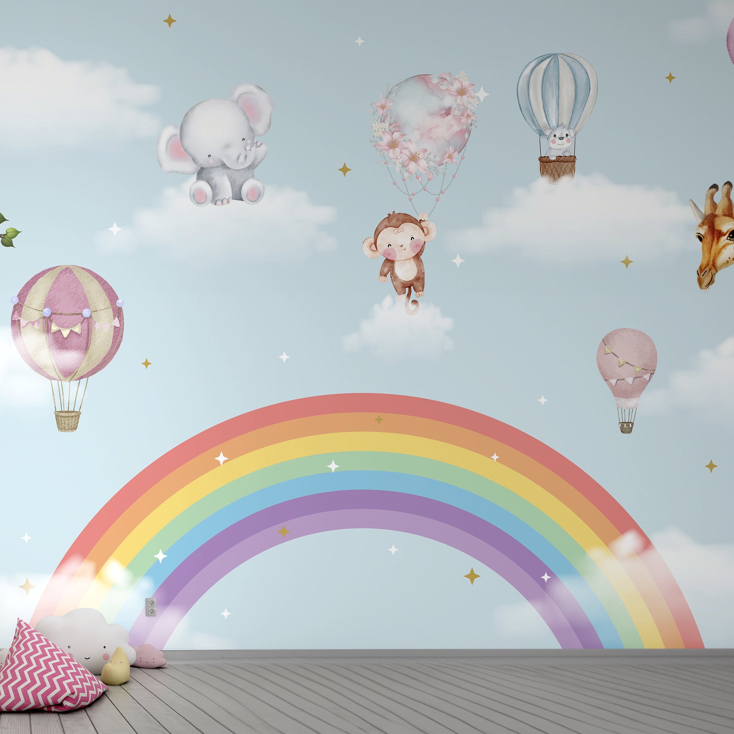 Wallpaper Kids Nursery Dubai Peps Wall Children's room with cartoon animals, hot air balloons, and a rainbow on the wall.