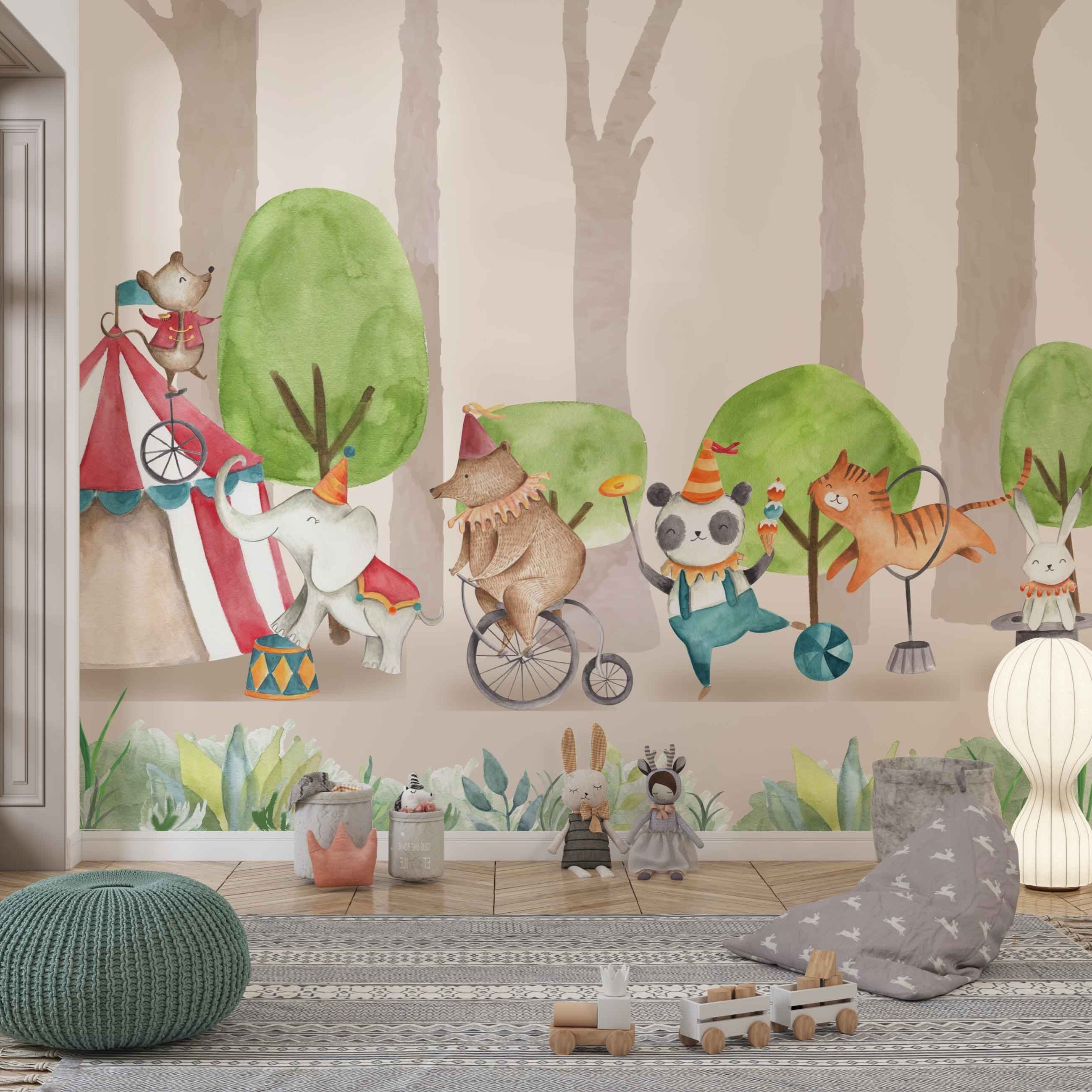Wallpaper Kids Nursery Dubai Peps Wall A colorful wall mural featuring various cartoon animals, including a bear, monkey, and rabbit, with a circus theme in a room with children's toys.