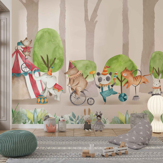 Wallpaper Kids Nursery Dubai Peps Wall A colorful wall mural featuring various cartoon animals, including a bear, monkey, and rabbit, with a circus theme in a room with children's toys.