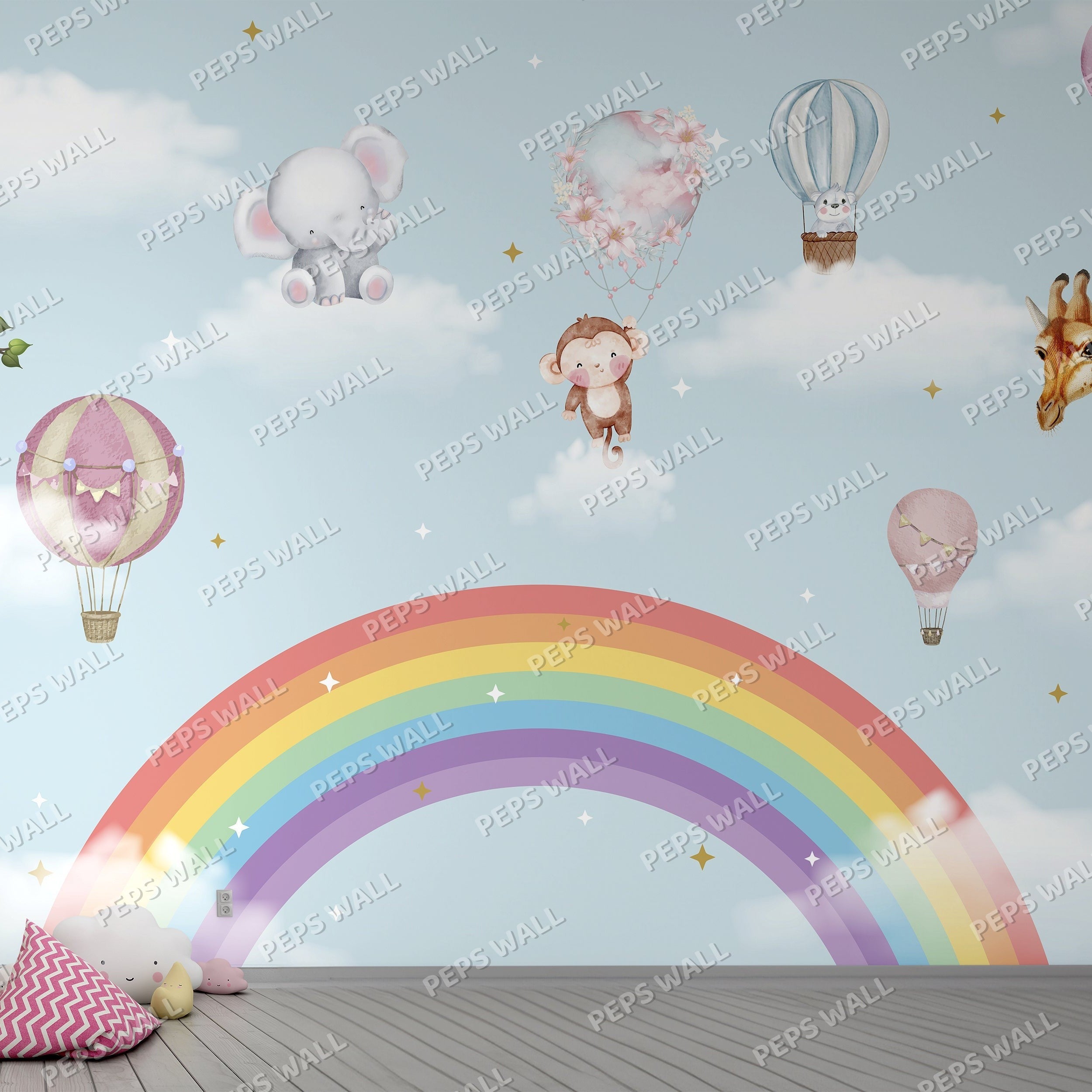 Wallpaper Kids Nursery Dubai Peps Wall Children's room with cartoon animals, hot air balloons, and a rainbow on the wall.