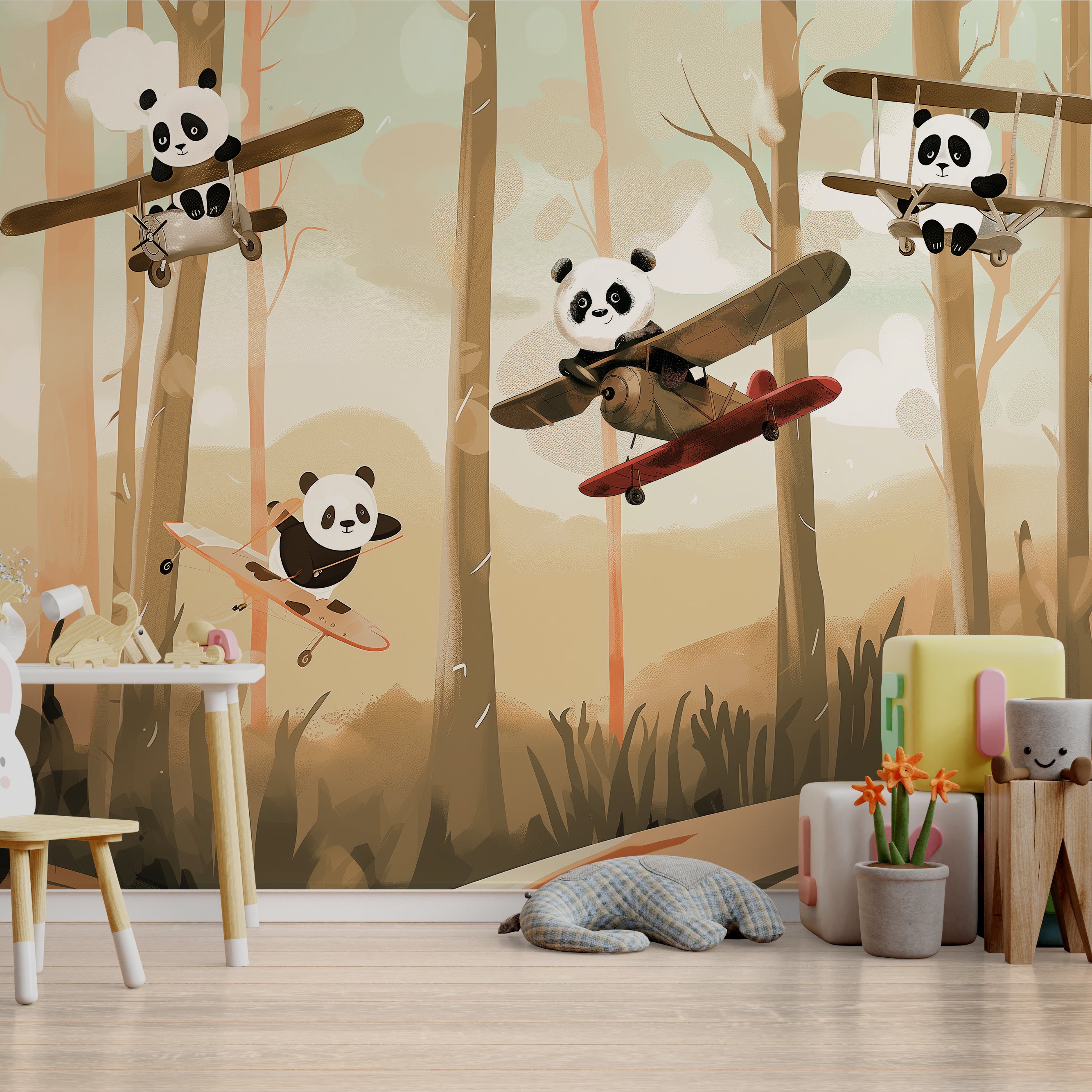 Wallpaper Kids Nursery Dubai Peps Wall A wallpaper featuring cartoon pandas flying in an air balloon above a forest.