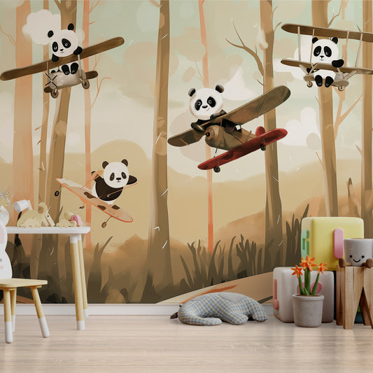 Wallpaper Kids Nursery Dubai Peps Wall A wallpaper featuring cartoon pandas flying in an air balloon above a forest.