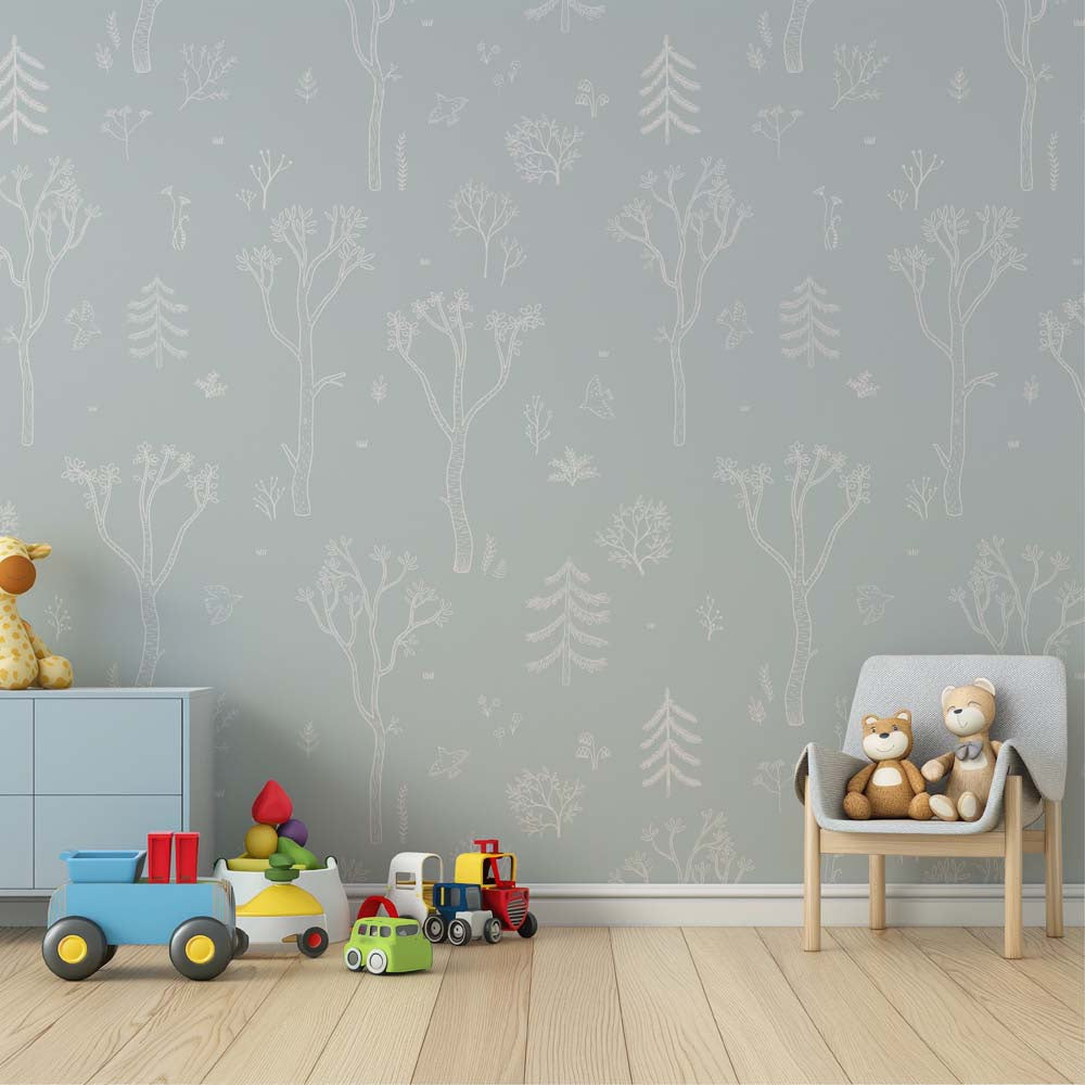 Wallpaper Kids Nursery Dubai Peps Wall Children's room with 'Forrest Trail - Blue' wallpaper featuring a pattern of trees and animals. Toys and a wooden chair are visible in the room.