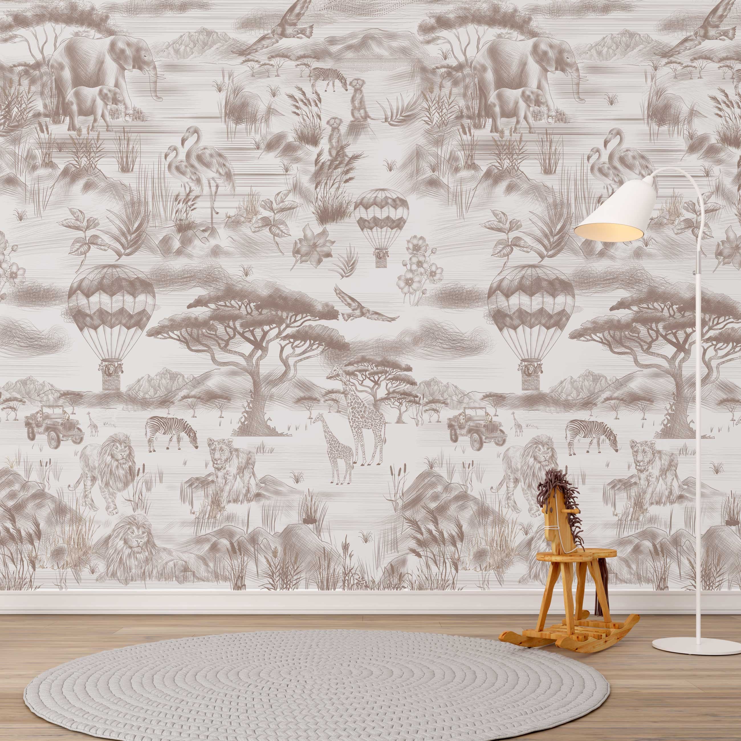 Wallpaper Kids Nursery Dubai Peps Wall A room with wallpaper featuring safari wildlife, including animals and a hot air balloon, in a monochrome color scheme.