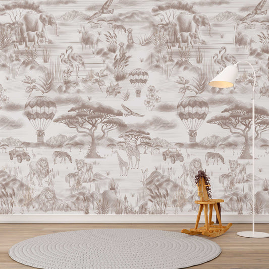 Wallpaper Kids Nursery Dubai Peps Wall A room with wallpaper featuring safari wildlife, including animals and a hot air balloon, in a monochrome color scheme.