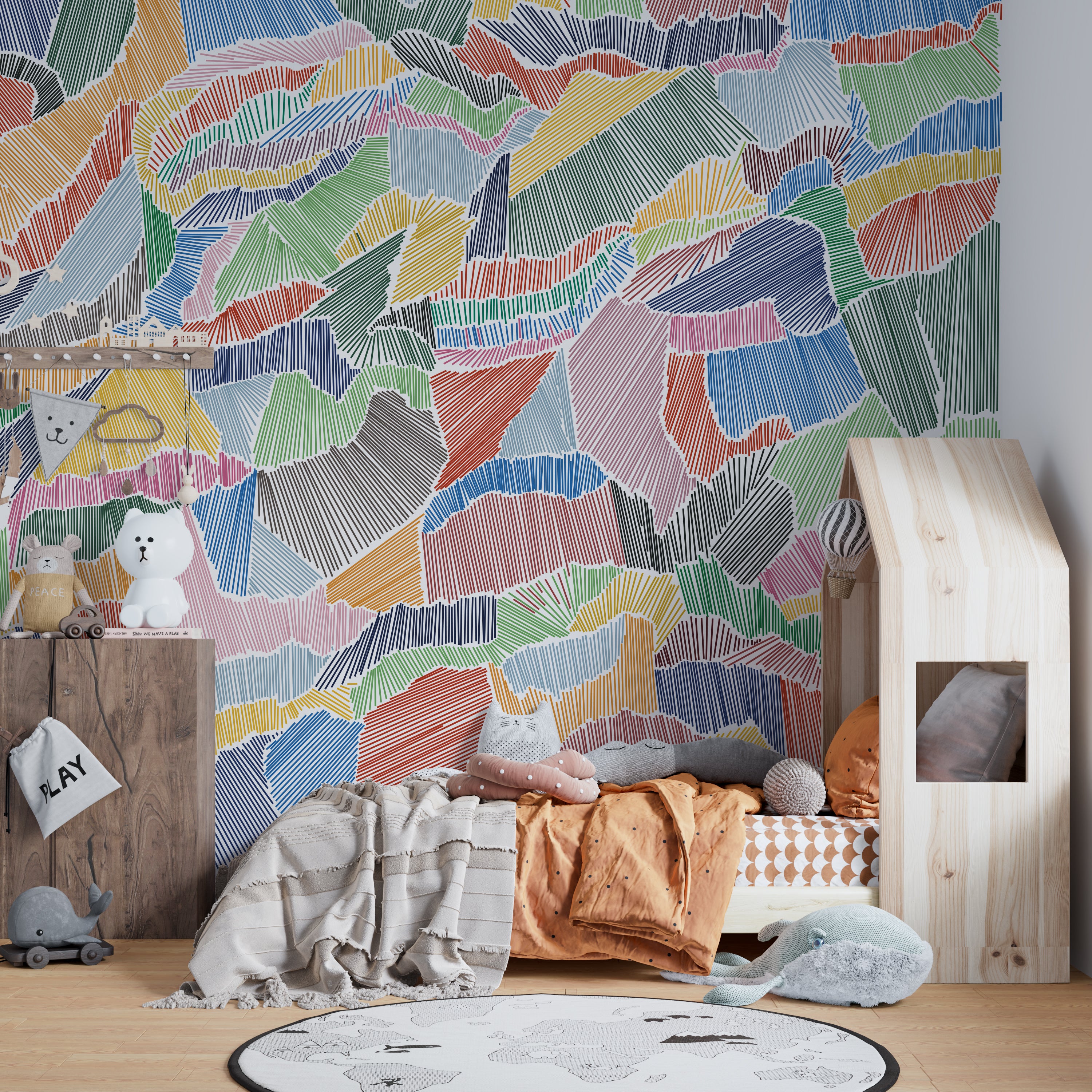 Wallpaper Kids Nursery Dubai Peps Wall A colorful geometric patterned wallpaper in a children's room, with a bed, toy car, and wooden furniture.