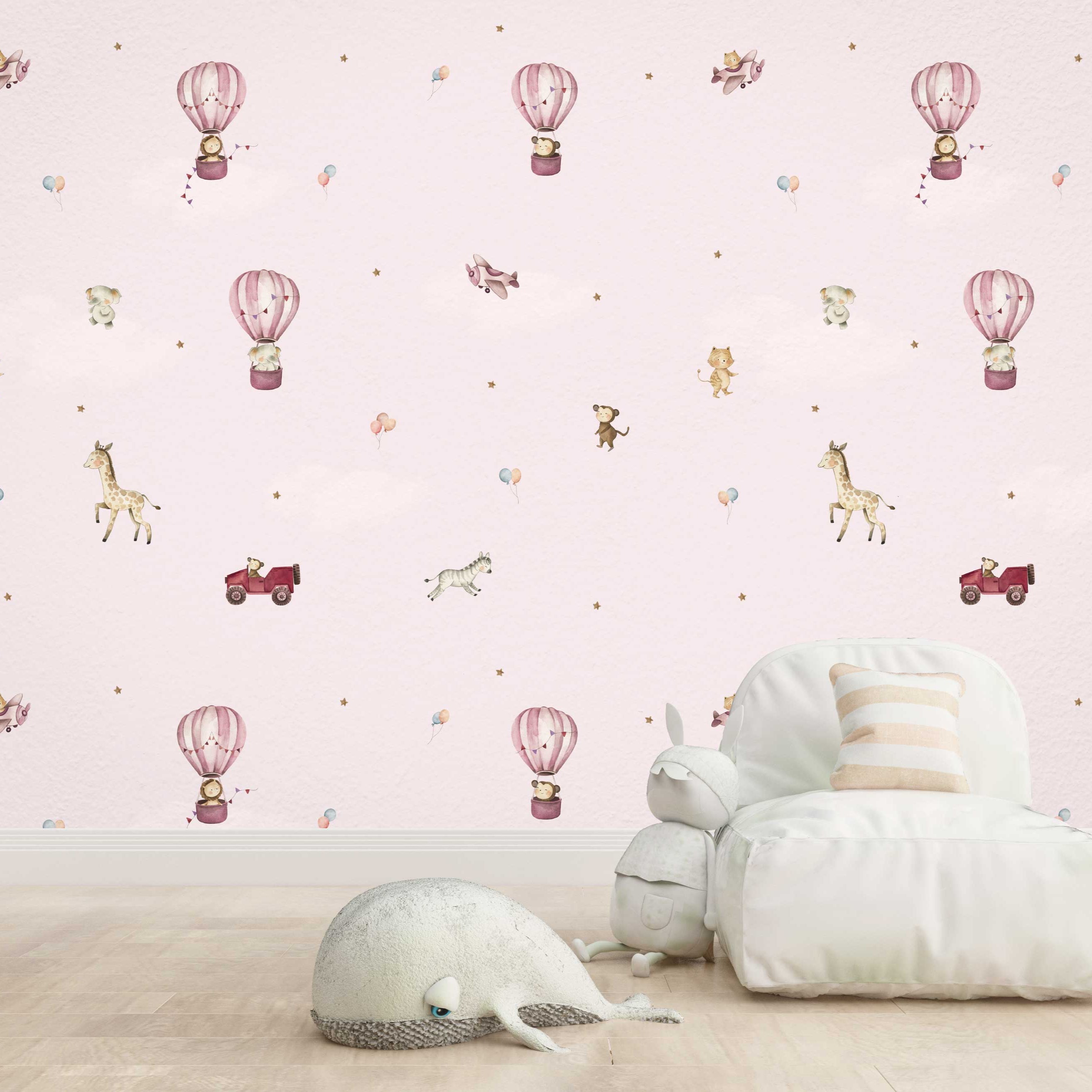 Wallpaper Kids Nursery Dubai Peps Wall Children's room with pink wallpaper featuring hot air balloons and various animals such as a rabbit, a bear, and a deer.