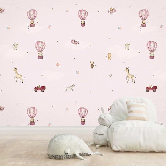 Wallpaper Kids Nursery Dubai Peps Wall Children's room with pink wallpaper featuring hot air balloons and various animals such as a rabbit, a bear, and a deer.