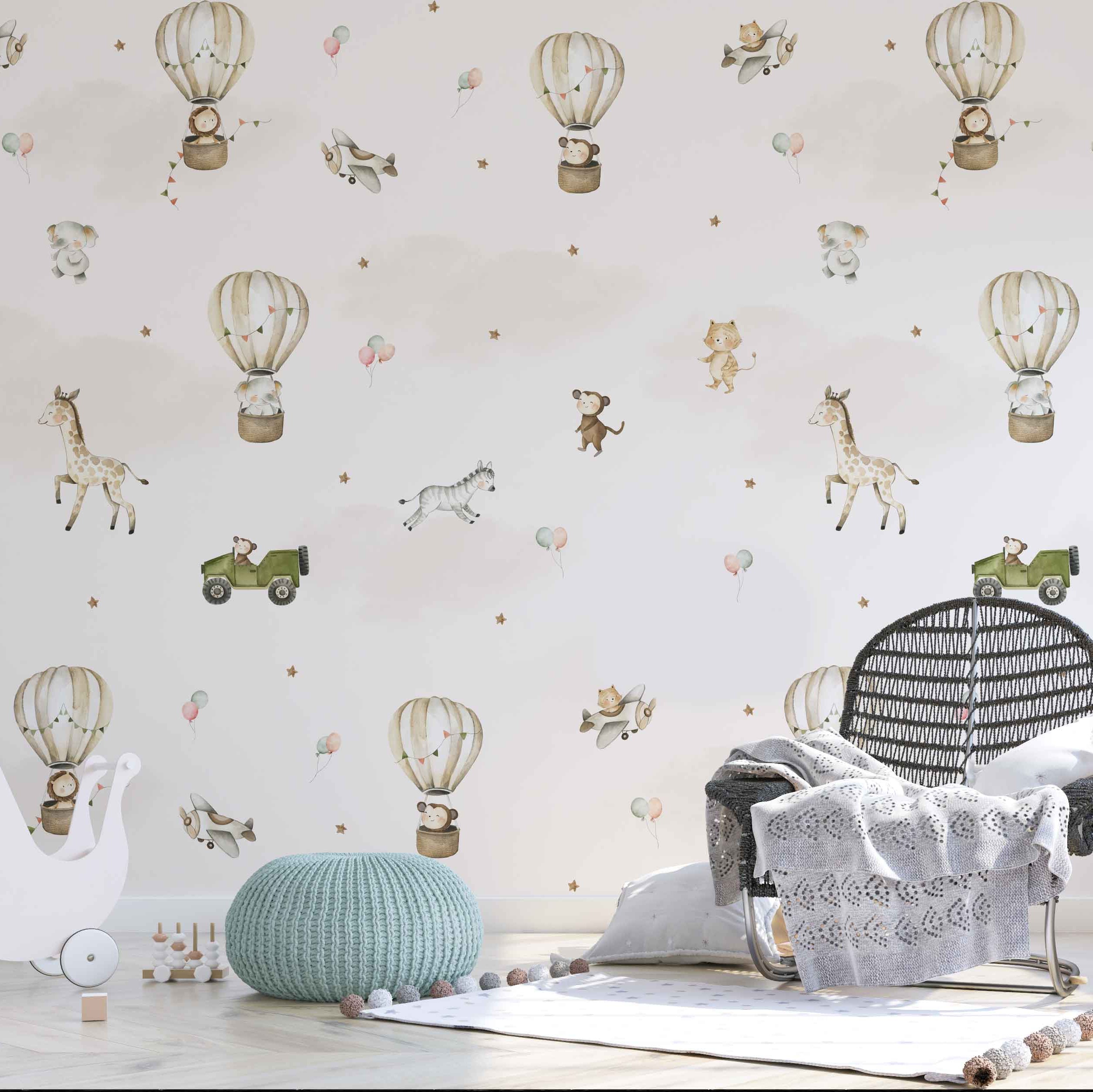 Wallpaper Kids Nursery Dubai Peps Wall Children's room with wallpaper featuring hot air balloons and animals such as a giraffe and a monkey.