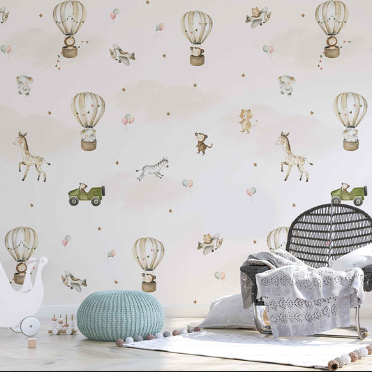 Wallpaper Kids Nursery Dubai Peps Wall Children's room with wallpaper featuring hot air balloons and animals such as a giraffe and a monkey.