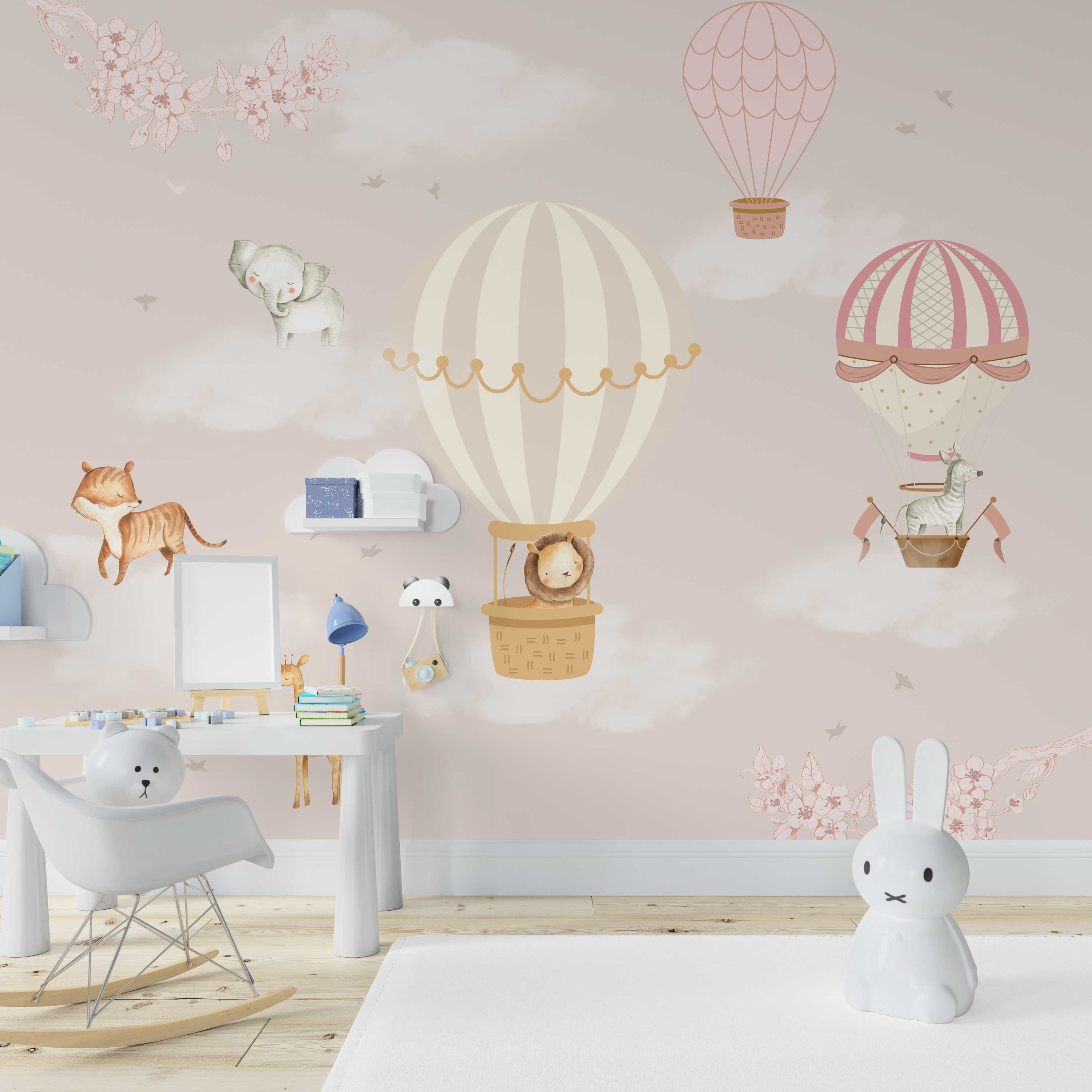 Wallpaper Kids Nursery Dubai Peps Wall A wall decal set featuring hot air balloons and various animals, such as a rabbit and a cat, in a blue color scheme with clouds in the background.