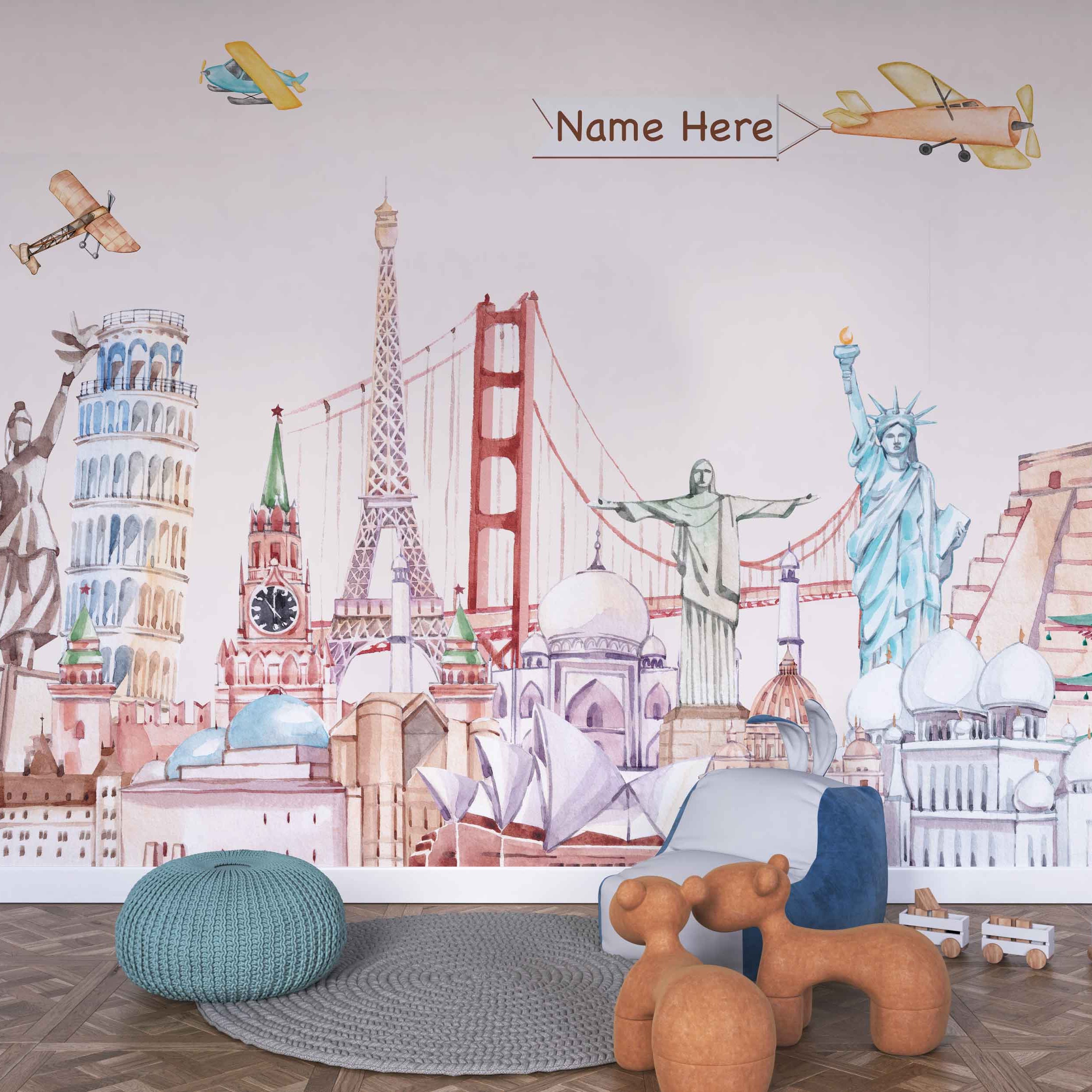 Wallpaper Kids Nursery Dubai Peps Wall A wallpaper featuring a pink-themed travel and landmarks motif with various famous structures and the option to add a custom name.