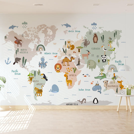 Wallpaper Kids Nursery Dubai Peps Wall A wall mural featuring a world map with various cartoon animals representing different regions and oceans.