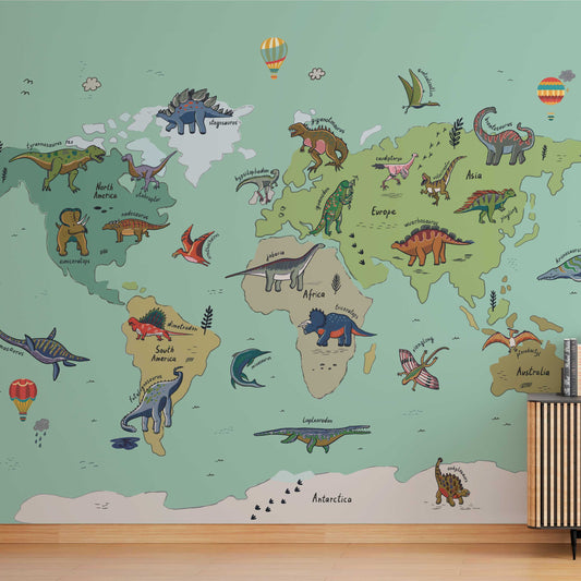 Wallpaper Kids Nursery Dubai Peps Wall A wall mural featuring a world map with various dinosaurs and animals illustrated on different countries and regions.