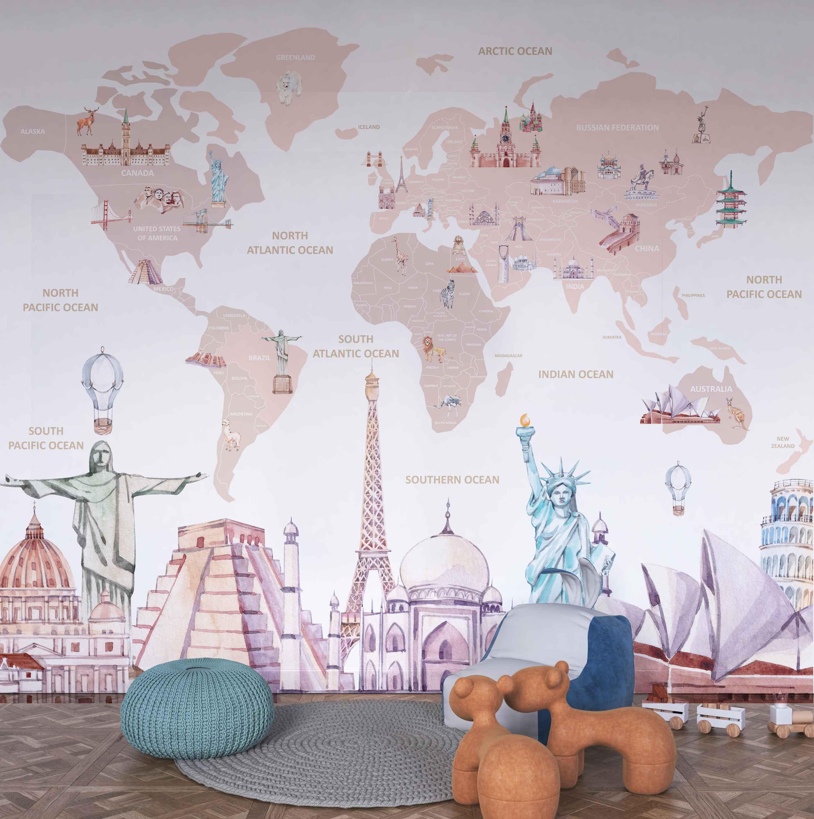 Wallpaper Kids Nursery Dubai Peps Wall A wallpaper featuring a world map with various landmarks from different countries, displayed in a room with a blue ottoman and a teddy bear on the floor.