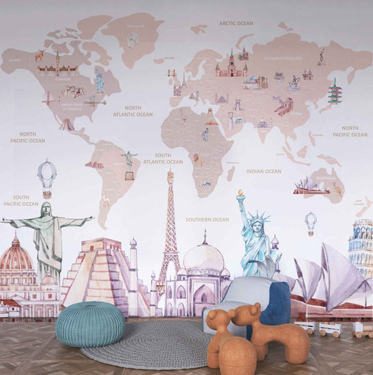 Wallpaper Kids Nursery Dubai Peps Wall A wallpaper featuring a world map with various landmarks from different countries, displayed in a room with a blue ottoman and a teddy bear on the floor.