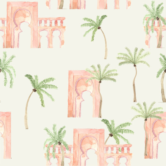 Wallpaper Kids Nursery Dubai Peps Wall A wallpaper pattern featuring palm trees and arches in pink and green colors on a beige background.