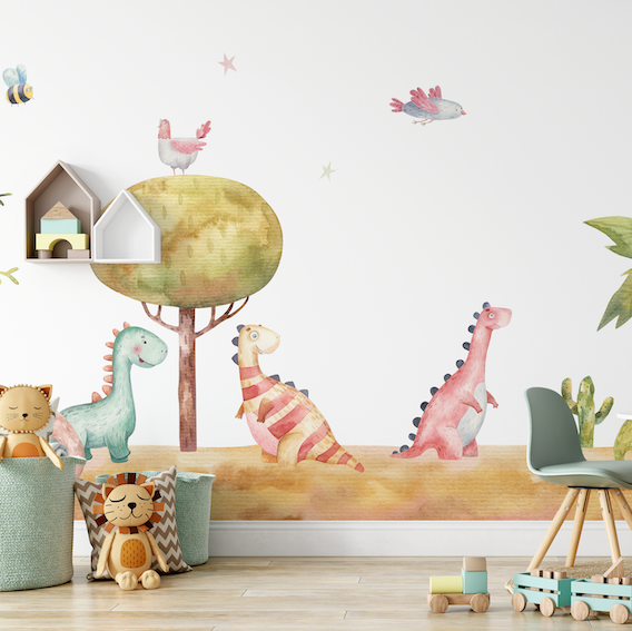 Wallpaper Kids Nursery Dubai Peps Wall Wall decals featuring various dinosaurs, trees, and stars, designed to create a dreamy, whimsical scene. Placed in a room setting with toys and a bookshelf.