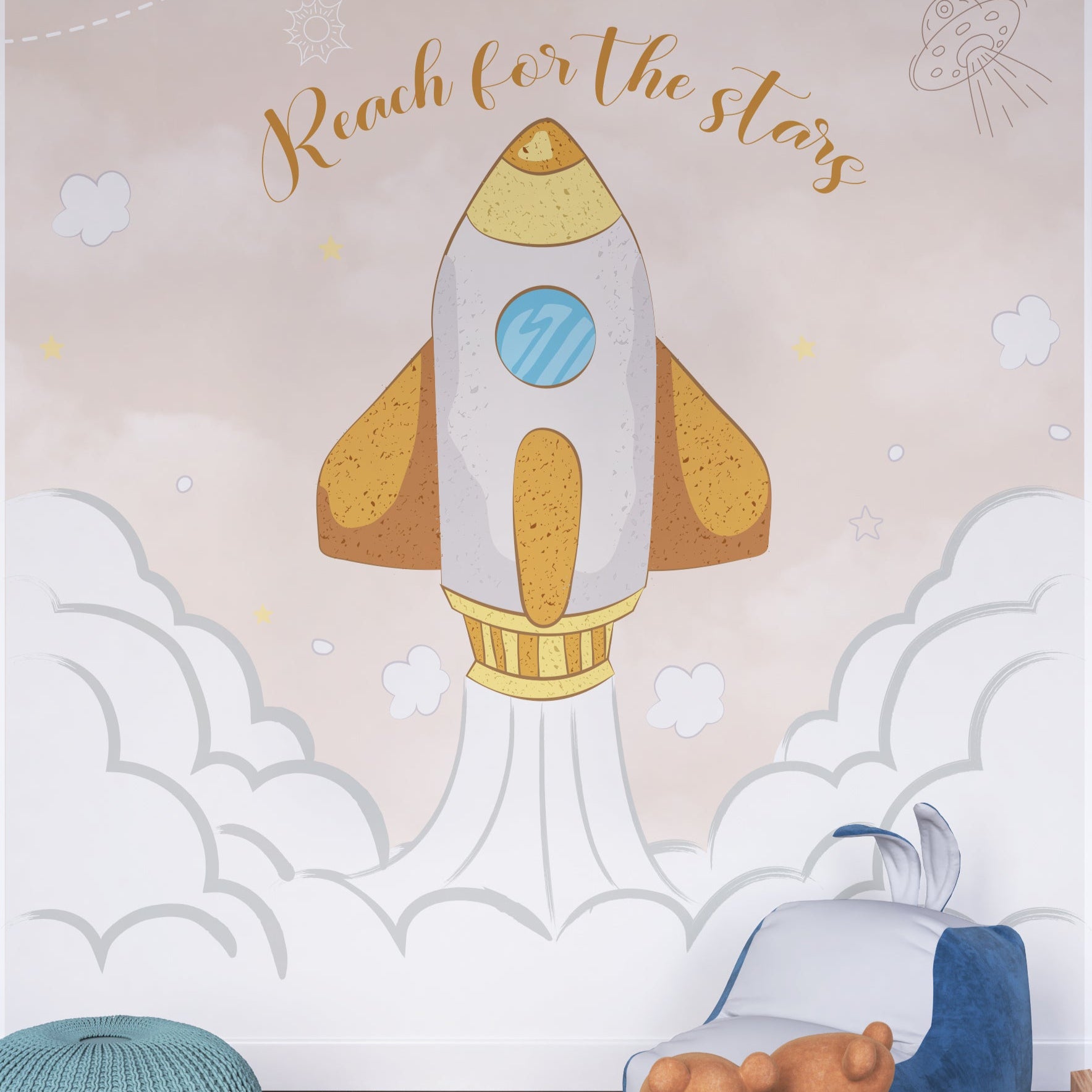 Wallpaper Kids Nursery Dubai Peps Wall Children's room with a rocket ship wall decal and 'Reach for the stars' text.