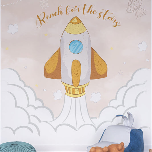 Wallpaper Kids Nursery Dubai Peps Wall Children's room with a rocket ship wall decal and 'Reach for the stars' text.