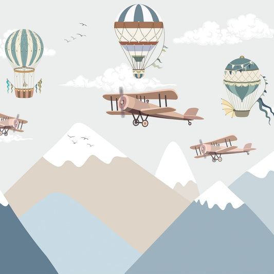Wallpaper Kids Nursery Dubai Peps Wall A colorful illustration of hot air balloons and vintage airplanes flying over mountain ranges.