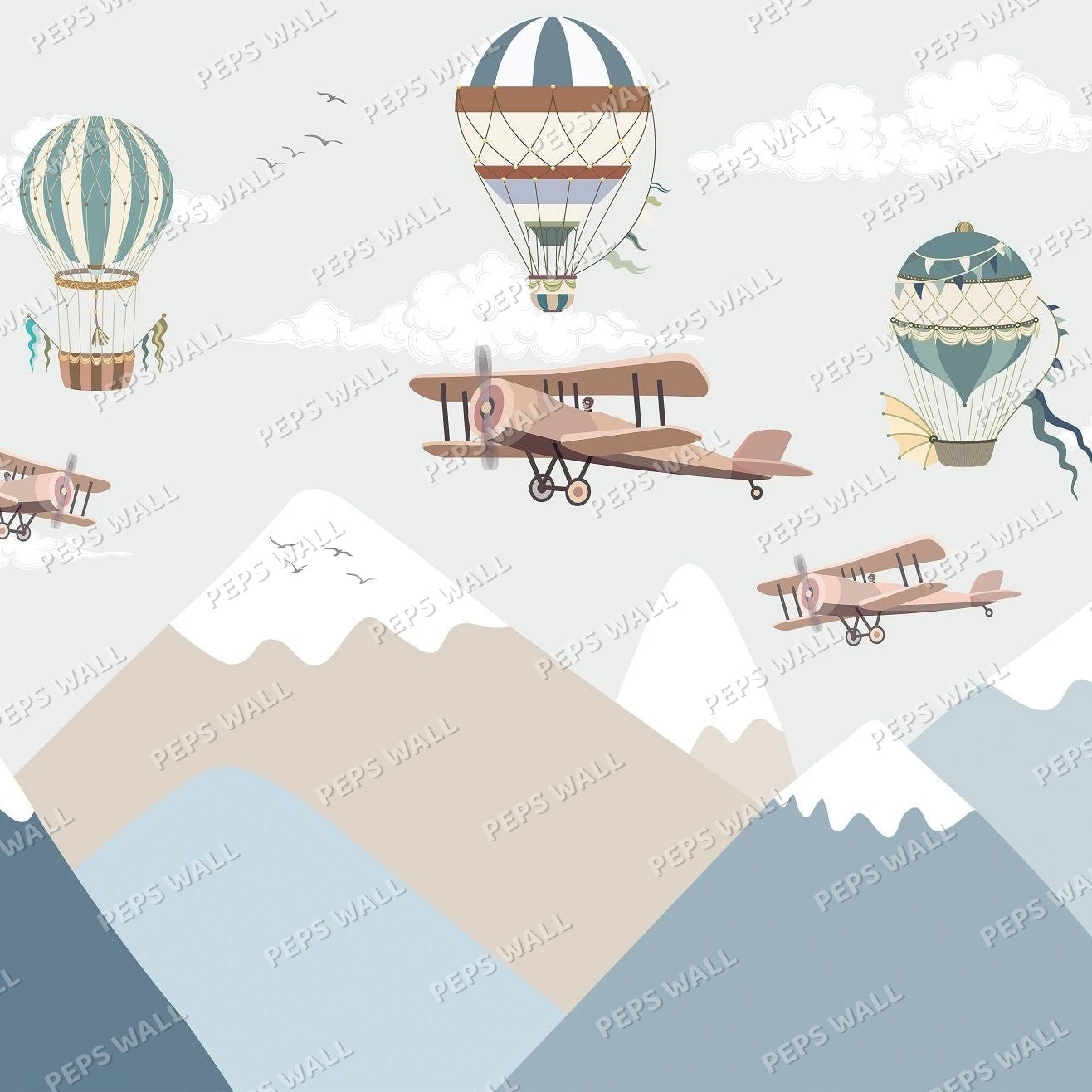 Wallpaper Kids Nursery Dubai Peps Wall A colorful illustration of hot air balloons and vintage airplanes flying over mountain ranges.