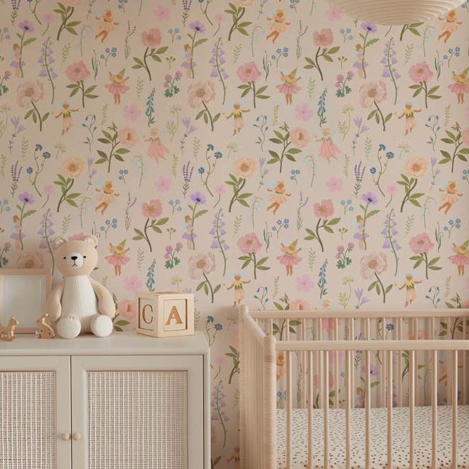 Wallpaper Kids Nursery Dubai Peps Wall A nursery room with floral wallpaper featuring a variety of flowers and a teddy bear on a shelf.