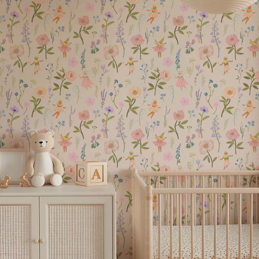 Wallpaper Kids Nursery Dubai Peps Wall A nursery room with floral wallpaper featuring a variety of flowers and a teddy bear on a shelf.