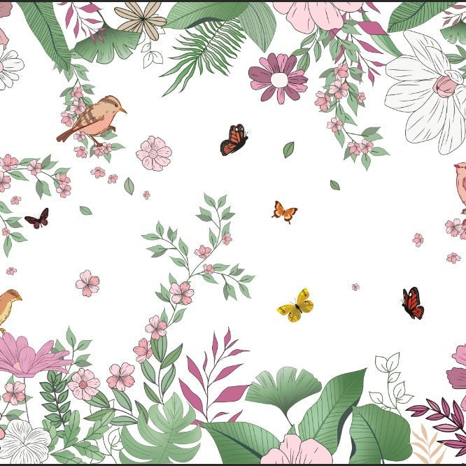 Wallpaper Kids Nursery Dubai Peps Wall Floral and botanical pattern with flowers, leaves, and butterflies on a white background