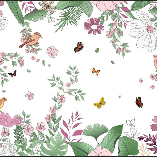 Wallpaper Kids Nursery Dubai Peps Wall Floral and botanical pattern with flowers, leaves, and butterflies on a white background