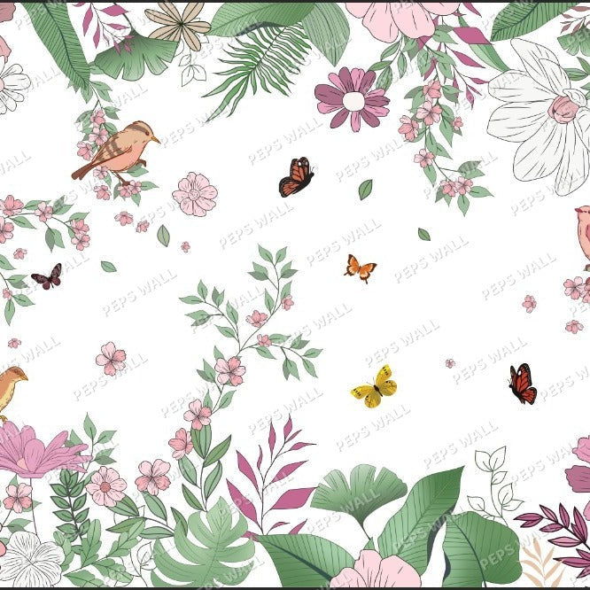 Wallpaper Kids Nursery Dubai Peps Wall Floral and botanical pattern with flowers, leaves, and butterflies on a white background